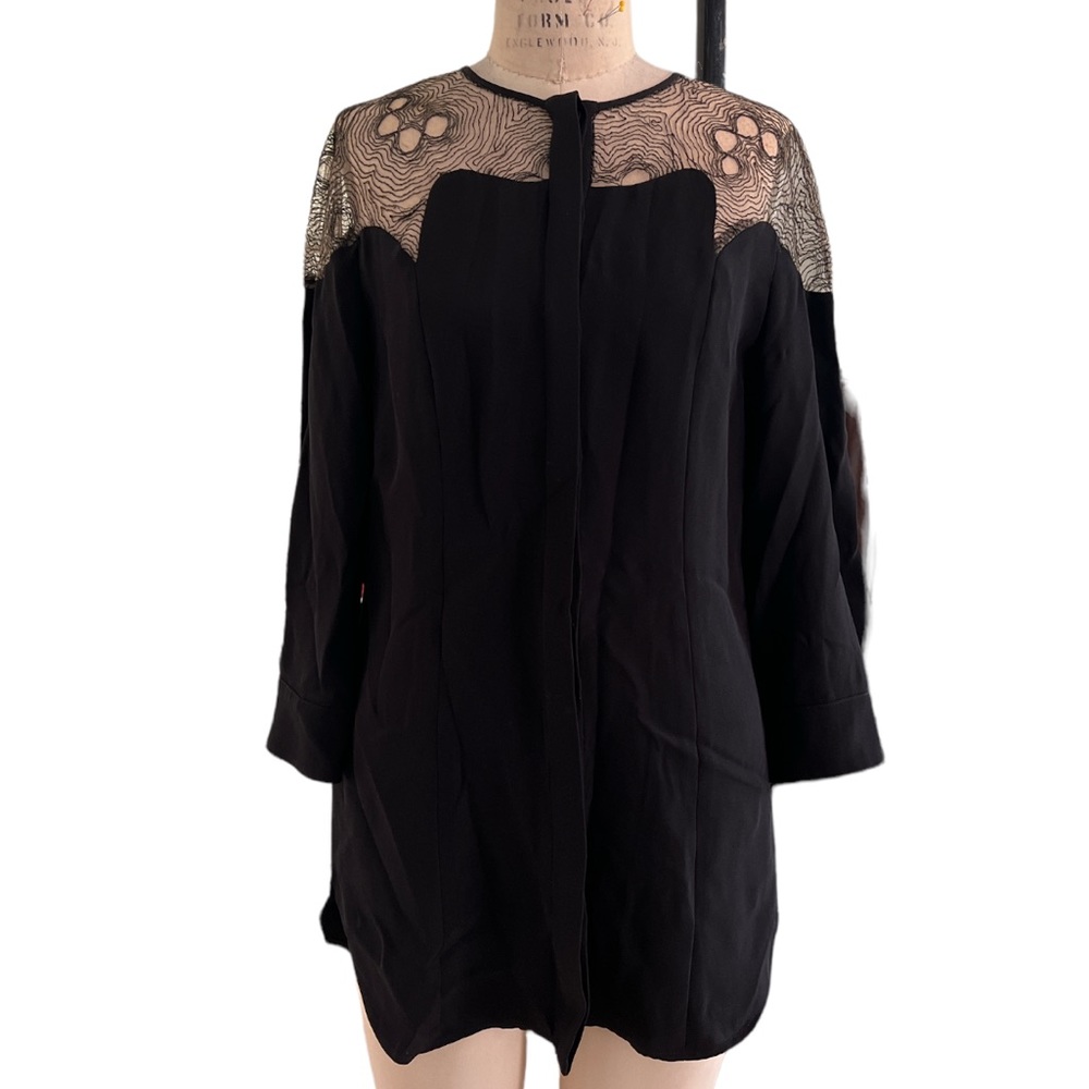 Lela Rose Silk Button Down Top w/ Lace Detail
